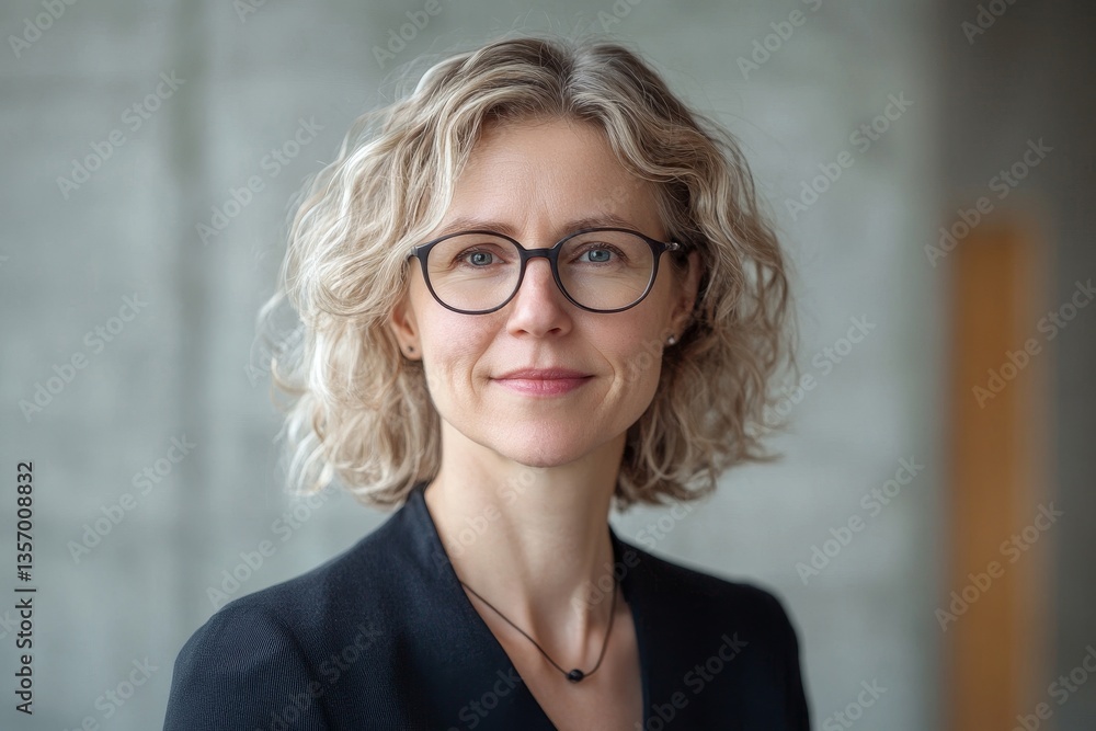 A sophisticated portrait of a woman, in a business setting. She has curly blond hair and wears glasses, exuding intelligence and professionalism A sophisticated portrait of a woman, in a business setting. She has curly blond hair and wears glasses, exuding intelligence and professionalism