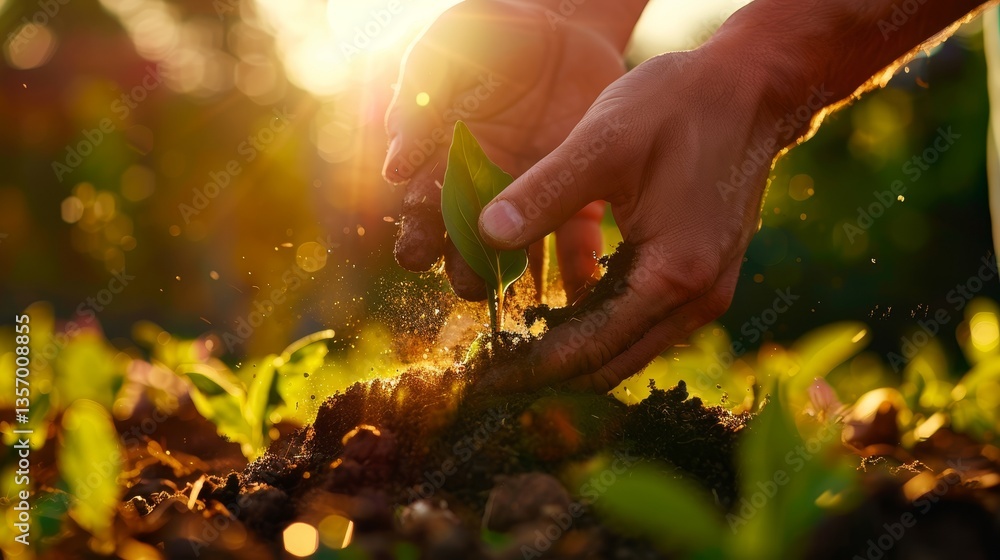 Fototapeta premium A close-up of hands planting a young seedling in soil, illuminated by sunlight, symbolizing growth and nurturing in nature.