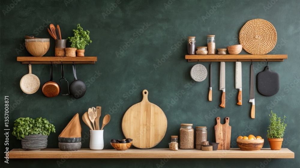 Rustic kitchen shelves with cookware, utensils, and herbs Rustic kitchen shelves with cookware, utensils, and herbs