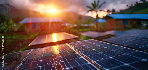 A stunning sunset illuminates solar panels, reflecting nature's beauty while showcasing sustainable energy solutions in a tranquil landscape.
