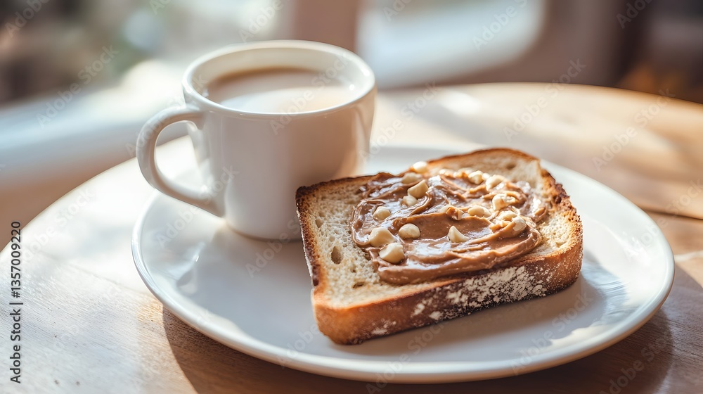 Slice of toast with nut spread and chopped nuts on a breakfast plate. Slice of toast with nut spread and chopped nuts on a breakfast plate.