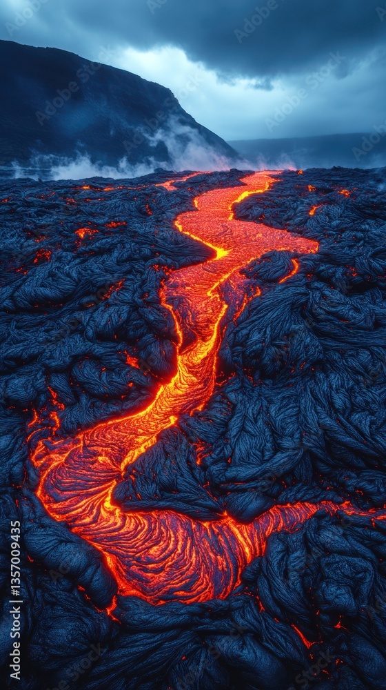 Fototapeta premium Molten lava flows through dark, solidified volcanic rock under a dramatic sky