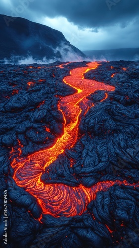Molten lava flows through dark, solidified volcanic rock under a dramatic sky