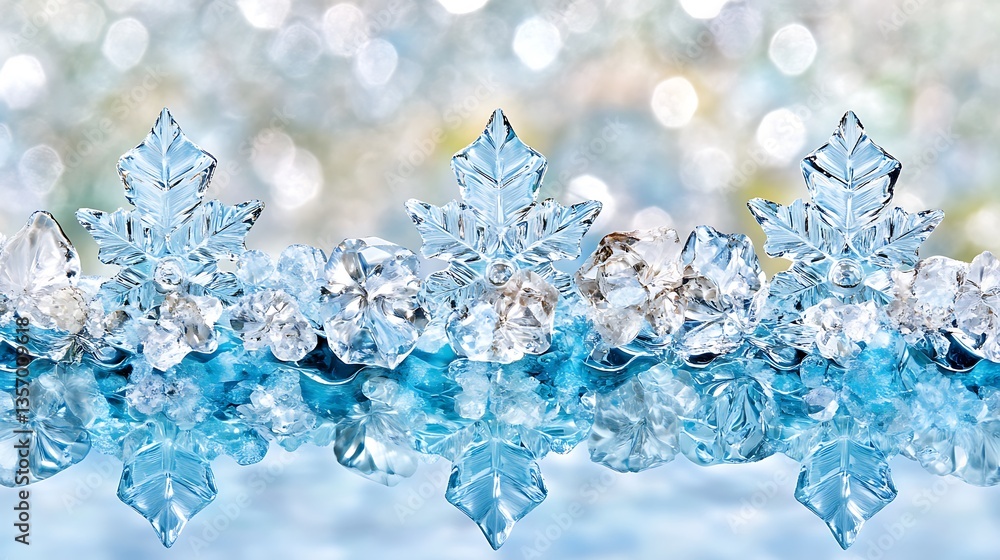 Sparkling ice snowflakes on reflective surface. Sparkling ice snowflakes on reflective surface.