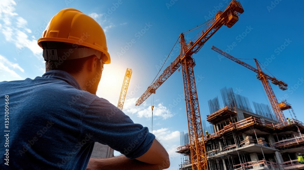 Construction worker observing high-rise building under cranes Construction worker observing high-rise building under cranes