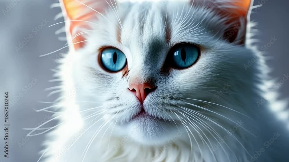A beautiful white cat with striking blue eyes captures attention with its graceful profile in a serene backdrop. A beautiful white cat with striking blue eyes captures attention with its graceful profile in a serene backdrop.