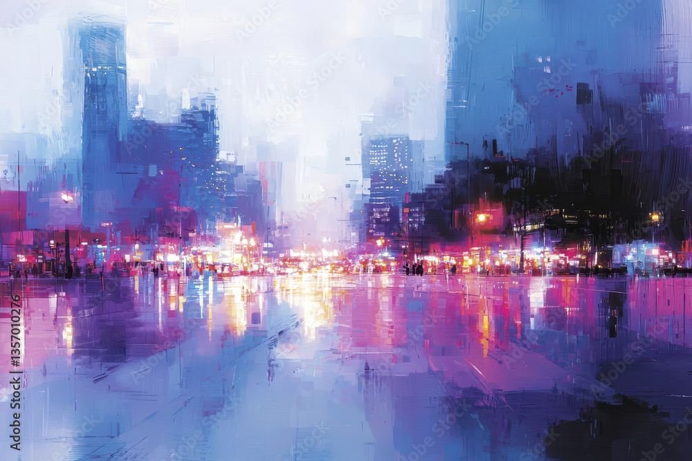 Fototapeta premium Urban nightscape with vibrant lights reflecting on wet streets, creating energized atmosphere