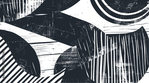 Abstract black and white linocut-style vector illustration featuring curved shapes, dynamic lines, and textured elements creating a modern geometric composition with contrasting patterns 