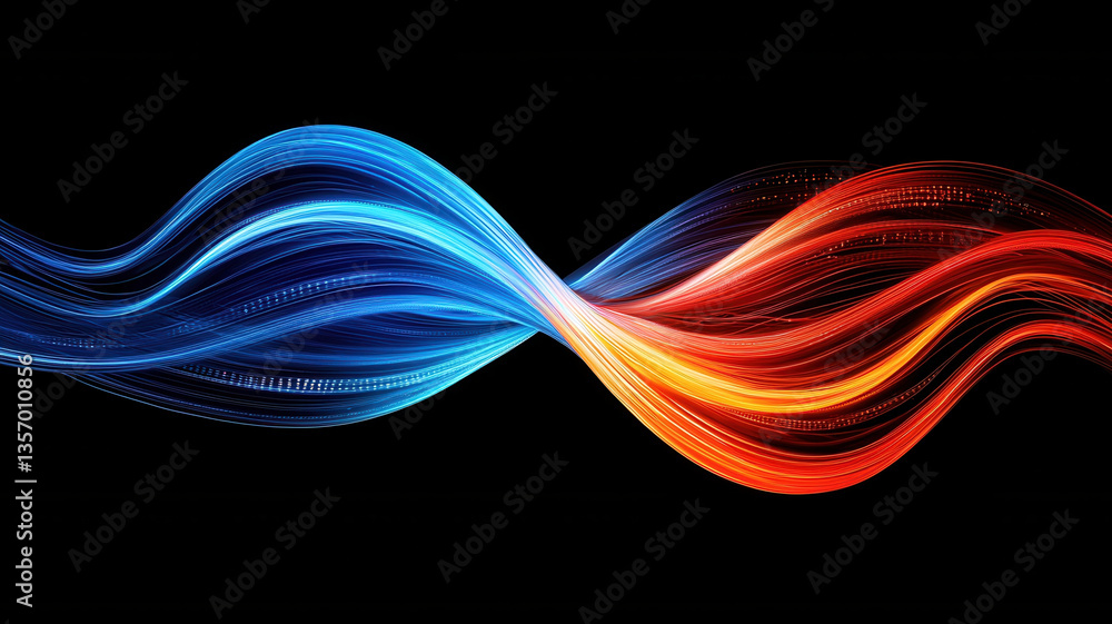 vibrant wave of blue and red light flows seamlessly, representing dynamic energy and movement in digital space
