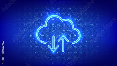 Cloud icon. Cloud computing service. Database storage, Data center. Transfer data. Secure Cloud Storage. Upload download app. Circuit board pattern. PCB printed circuit texture. Vector illustration.