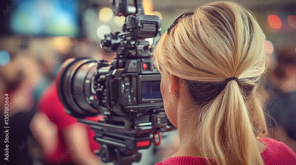 Woman filming a crowd with a professional camera. Woman filming a crowd with a professional camera.