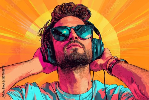a stylish man enjoying music through headphones under the warm sunshine. He wears sunglasses and appears relaxed and happy