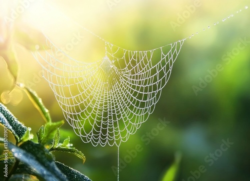 A beautiful spider web with dew drops on the edges of each thread, a blurred background of green nature, a macro photograph, high resolution, stock photography, high detail, hyper-realism. 