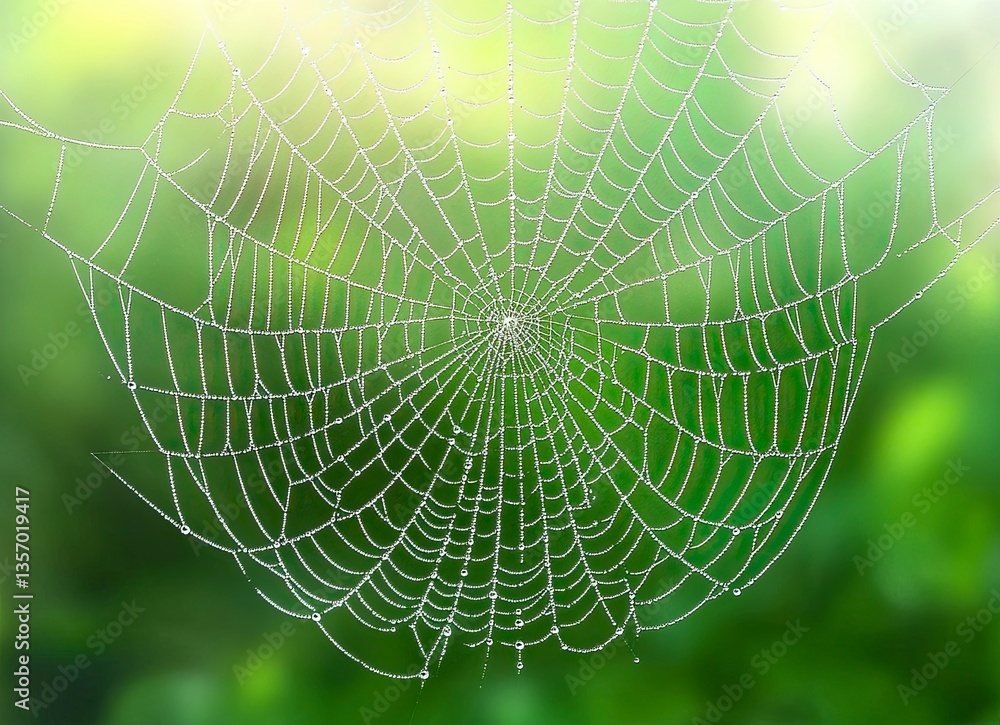 Fototapeta premium A beautiful spider web with dew drops on the edges of each thread, a blurred background of green nature, a macro photograph, high resolution, stock photography, high detail, hyper-realism. 