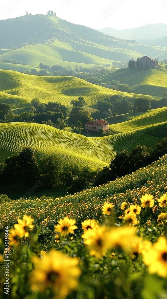 Fototapeta premium Sunflowers bloom in rolling hills, a picturesque rural landscape