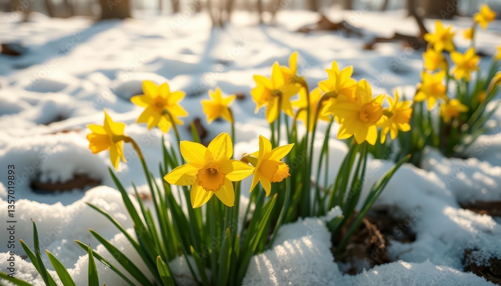Fototapeta premium Vibrant yellow daffodils emerge from melting snow, bathed in warm sunlight, botanical, springtime