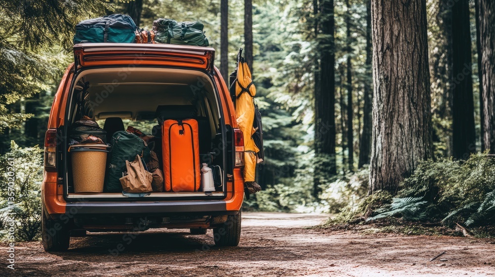 Adventure Awaits: Packed Van in Lush Redwood Forest Adventure Awaits: Packed Van in Lush Redwood Forest