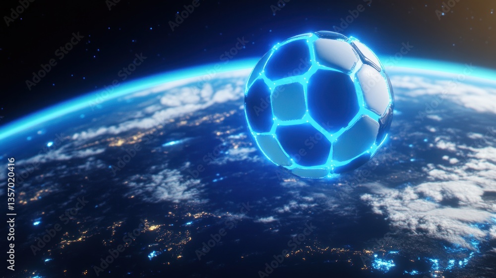 Naklejka premium Futuristic glowing soccer ball orbiting Earth at night.