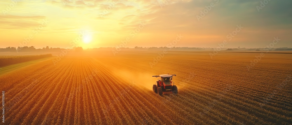 Fototapeta premium Sunrise over a tractor in a field.