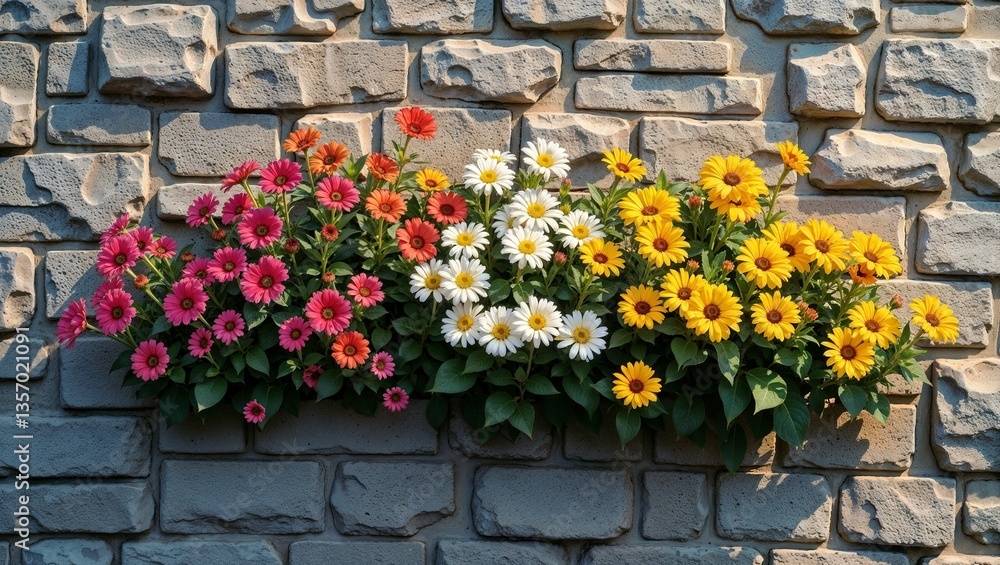 Rustic Stone Wall Adorned with Vibrant Floral Arrangement: A Garden Delight Rustic Stone Wall Adorned with Vibrant Floral Arrangement: A Garden Delight