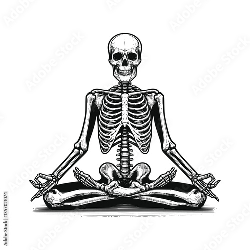 Vector illustration of Skeleton in yoga position black and white line art drawing