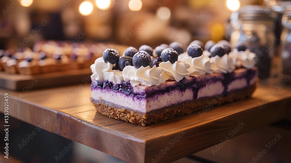 Blueberry cheesecake with a graham cracker crust and whipped cream topping.
Blueberry cheesecake with a graham cracker crust and whipped cream topping.