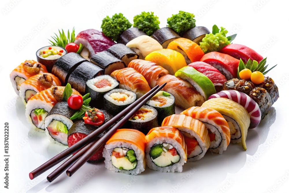 Delicious Sushi Rolls & Chopsticks Isolated Delicious Sushi Rolls & Chopsticks Isolated