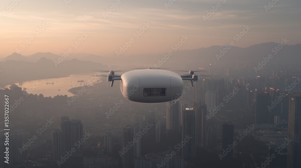 Drone delivery over hazy city at sunrise Drone delivery over hazy city at sunrise