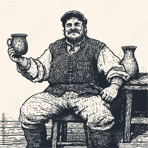 Vector illustration of a jovial peasant man sitting on a stool, holding homemade beer in a mug, wearing traditional folk clothing with vests and loose-fitting pants, surrounded by pottery vessels.