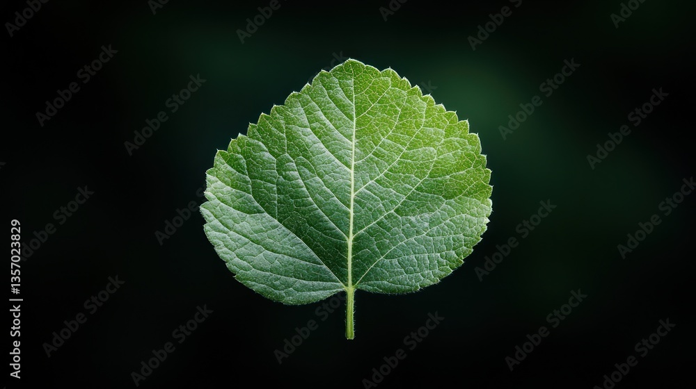 Fototapeta premium Single green leaf, detailed veins, dark background