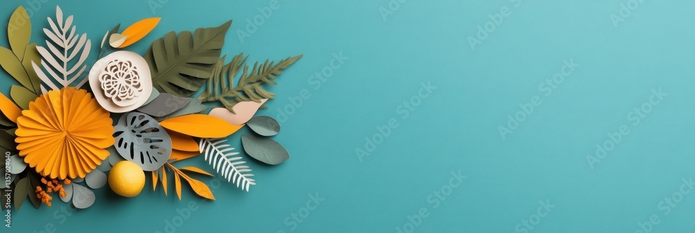 Obraz premium Colorful paper flowers & leaves arranged on teal background