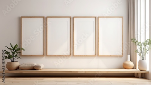 Three blank white frames with light wooden borders leaning against a white wall on a wooden parquet floor.