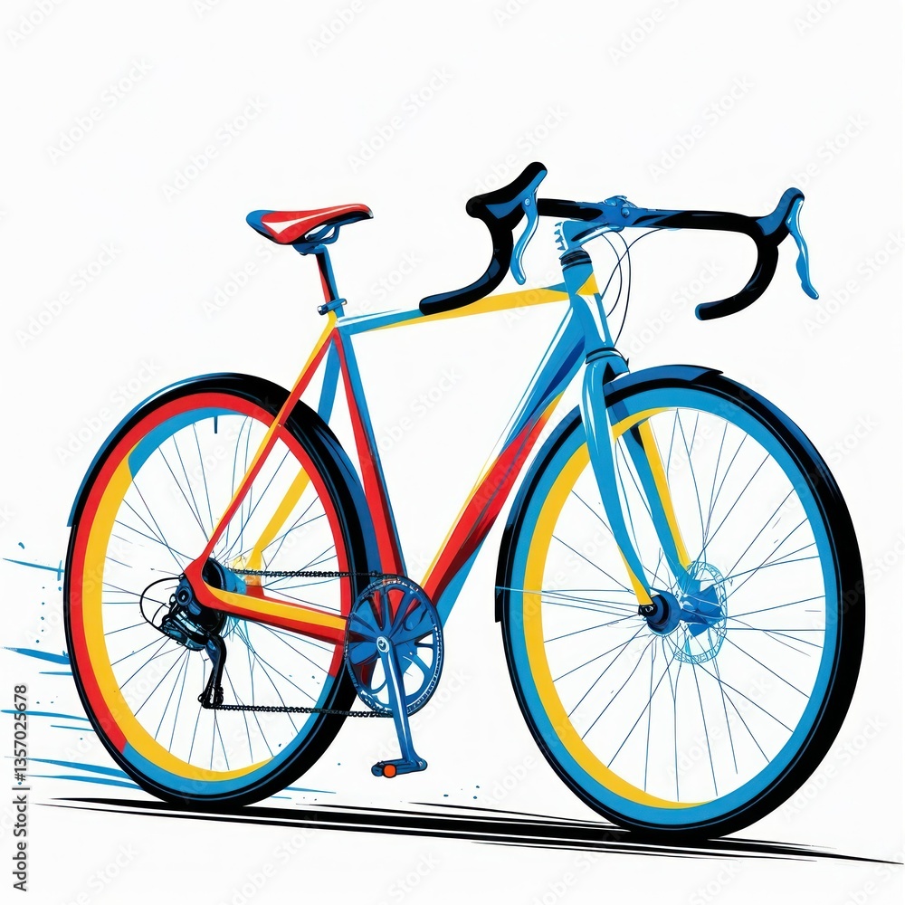 Fototapeta premium Image is a digital illustration of a road bicycle with a minimalist and modern style. The bicycle is depicted in a side profile against a plain white background, emphasizing its sleek design