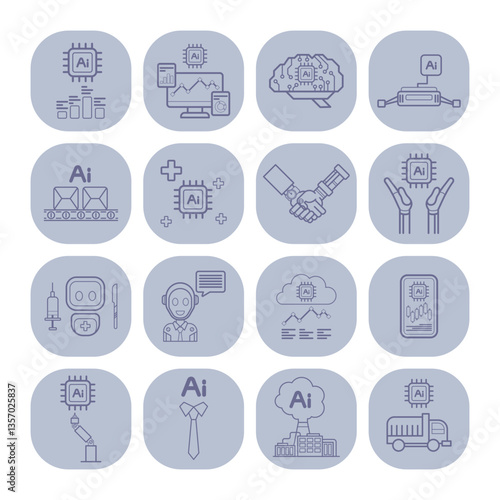 Collection of line icons representing artificial intelligence concepts. Icons related to technology, healthcare, and business, ideal for different applications