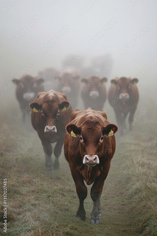 A herd of cows walking in the early morning mist, adjusting to a new feeding schedule due to daylight saving