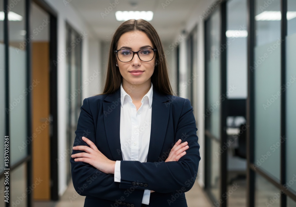 A confident woman in a suit stands in an office hallway with her arms crossed looking forward A confident woman in a suit stands in an office hallway with her arms crossed looking forward