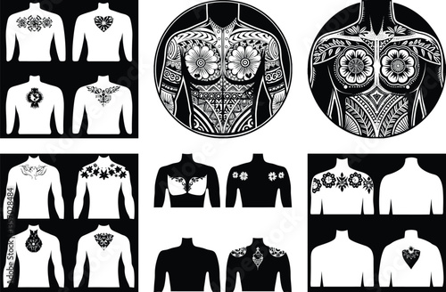 Tattoo Design Templates: Vector Illustrations of Chest & Body Art, Floral, Geometric, & Ornamental Designs for Men & Women, Black & White Graphics
