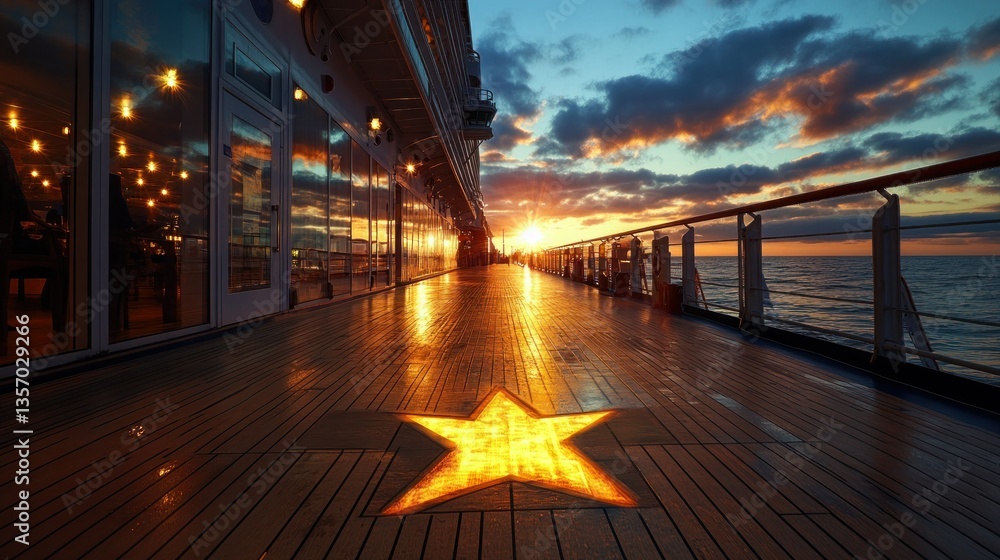 Cruise ship deck boardwalk at sunset with star motif Cruise ship deck boardwalk at sunset with star motif