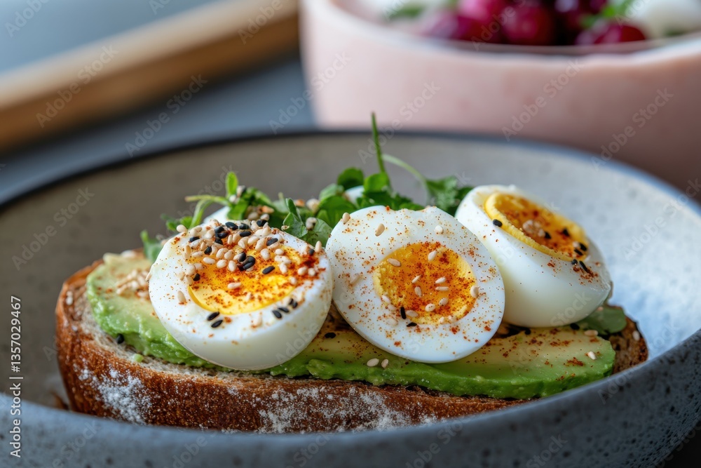 This artistic image captures an elegant avocado toast topped with boiled eggs and garnished with spices, providing a stylish presentation for a delightful meal. This artistic image captures an elegant avocado toast topped with boiled eggs and garnished with spices, providing a stylish presentation for a delightful meal.