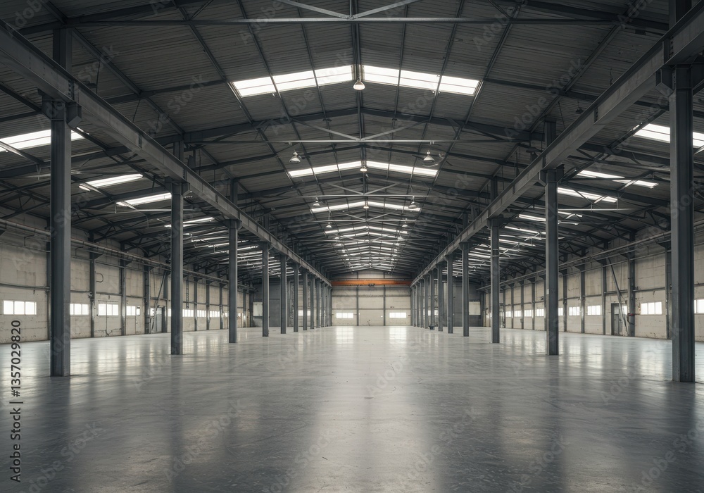 View of an empty warehouse with metal beams and a polished concrete floor and natural light coming in View of an empty warehouse with metal beams and a polished concrete floor and natural light coming in