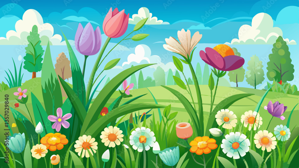 Fototapeta premium Grass and spring flowers blooming on nature