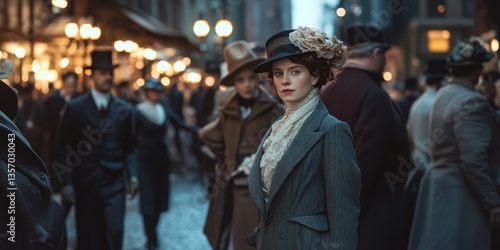 Obraz na płótnie A historical re-enactment of a city adjusting to daylight saving in the early 1900s, period costume setting w salonie