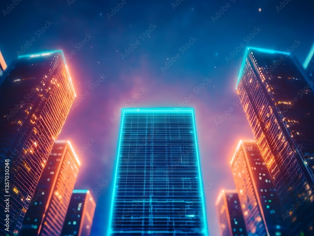 Neon Cityscape Night for Low Angle View. Neon Cityscape Night for Low Angle View.