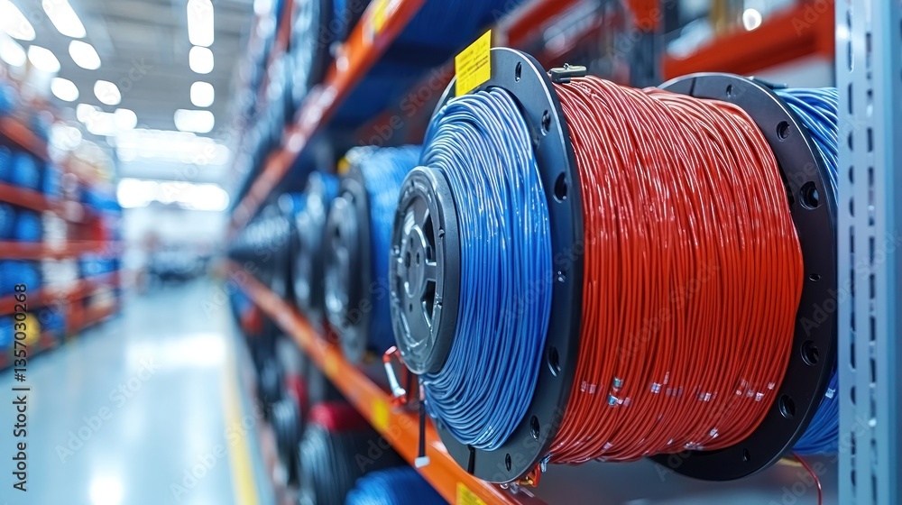 Obraz premium Red and blue wire spools on shelves in warehouse.