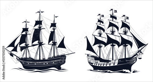 Sailing ship silhouettes black icons vector design. Sailing ship silhouettes vector illustration. Black sailing ship silhouettes vector. Pirate and merchant sailing ship silhouettes vector