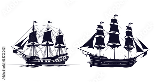 Sailing ship silhouettes black icons vector design. Sailing ship silhouettes vector illustration. Black sailing ship silhouettes vector. Pirate and merchant sailing ship silhouettes vector