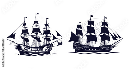 Sailing ship silhouettes vector design. Black silhouettes of sailing ships vector art. Black and white sailing ship silhouettes for ocean themed, Old wooden sailing ship silhouettes vector for ocean