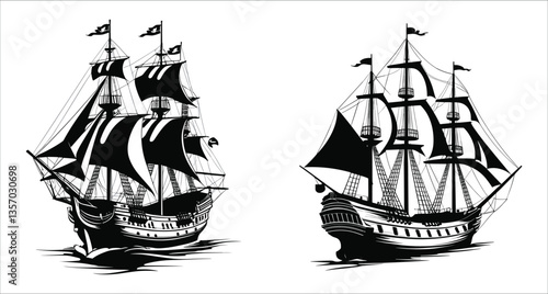 Sailing ship silhouettes vector design. Black silhouettes of sailing ships vector art. Black and white sailing ship silhouettes for ocean themed, Old wooden sailing ship silhouettes vector for ocean