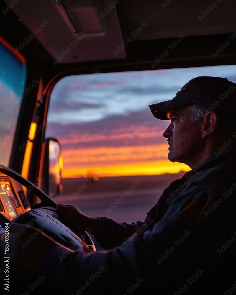 A long-haul truck driver adjusting his dashboard clock during an early morning break
