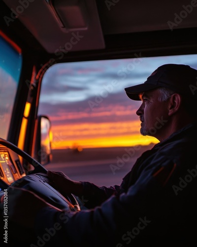 Obraz na płótnie A long-haul truck driver adjusting his dashboard clock during an early morning break w salonie